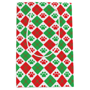 Red and Green Argyle Paw Print Medium Gift Bag