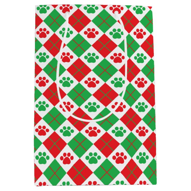 Red and Green Argyle Paw Print Medium Gift Bag (Front)