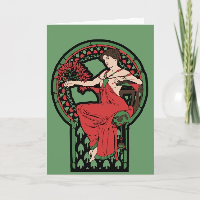Red and Green art nouveau Holiday Card (Front)