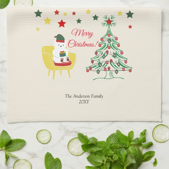 Red and Green Bear Tree Modern Merry Christmas Tea Towel (Folded)