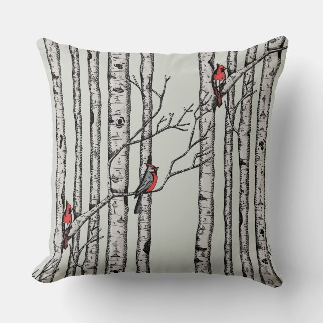 Red and Green Birch Trees and Red Cardinal Birds Cushion (Front)