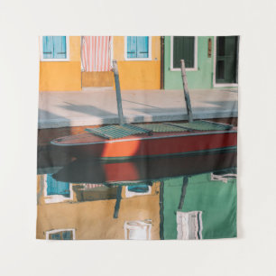 RED AND GREEN BOAT DOCKING ON DOCK TAPESTRY