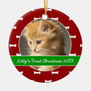 Red and Green Bones Prints Kitty's First Christmas Ceramic Tree Decoration