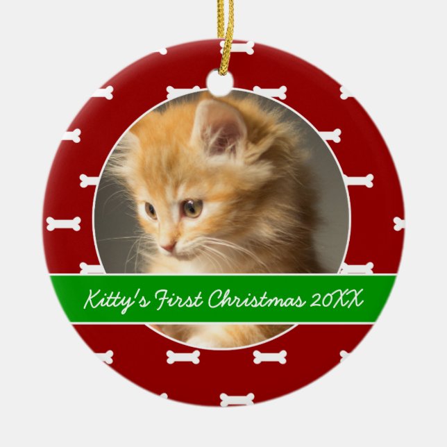 Red and Green Bones Prints Kitty's First Christmas Ceramic Tree Decoration (Front)