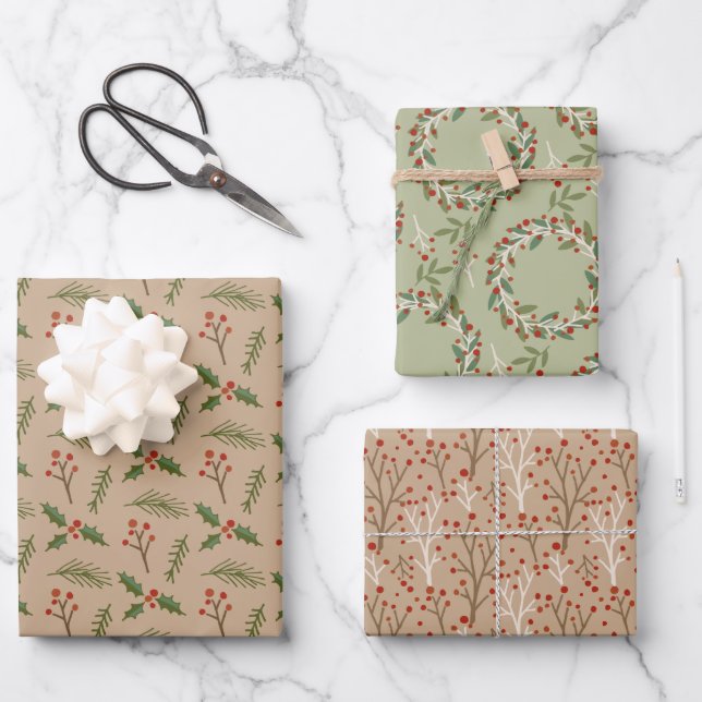 Red and Green Botanical Berries Gift Wrap (Front)