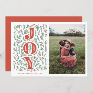 Red and green botanical JOY illustration photo Holiday Card