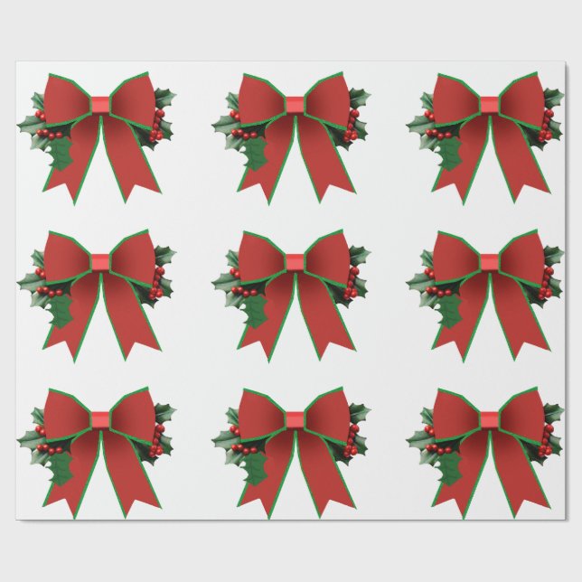 Red and Green Bow With Holly White Wrapping Paper (Flat)