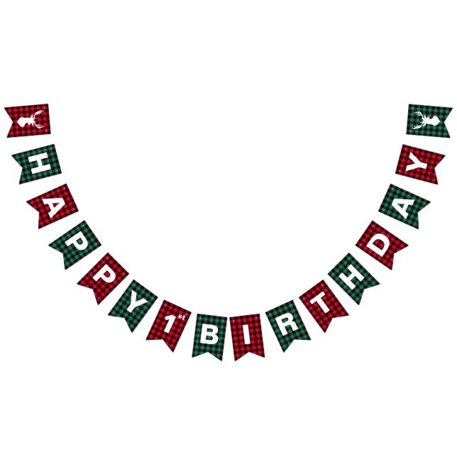 Red and Green Buffalo Plaid 1st Birthday Party Bunting (All)