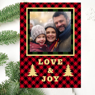 Red and Green Buffalo Plaid Custom Photo Love Joy Holiday Card