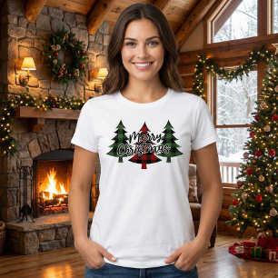 Red and Green Buffalo Plaid Merry Christmas Trees T-Shirt