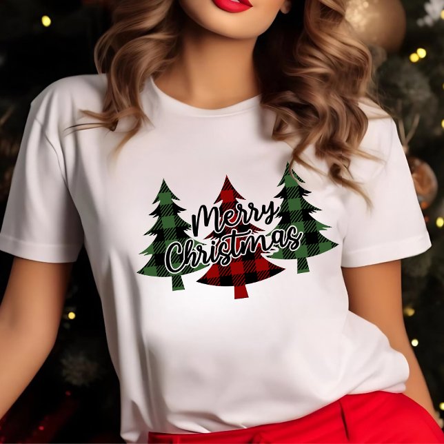 Red and Green Buffalo Plaid Merry Christmas Trees T-Shirt (Red and Green Buffalo Plaid Merry Christmas Trees T-Shirt)