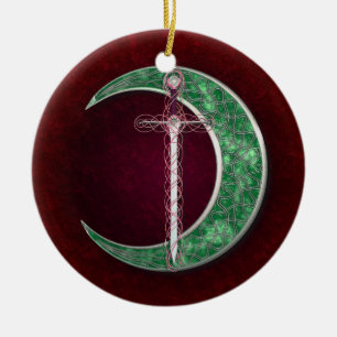 Red And Green Celtic Moon Ceramic Tree Decoration