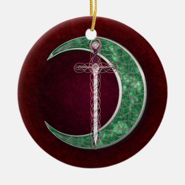 Red And Green Celtic Moon Ceramic Tree Decoration (Front)