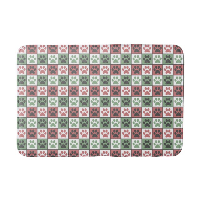Red and Green Chequered Dog Paw Print Pattern   Bath Mat (Front)