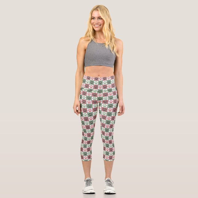Red and Green Chequered Dog Paw Print Pattern  Capri Leggings (Front)