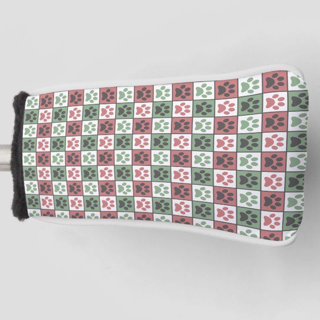 Red and Green Chequered Dog Paw Print Pattern Golf Head Cover (Front)