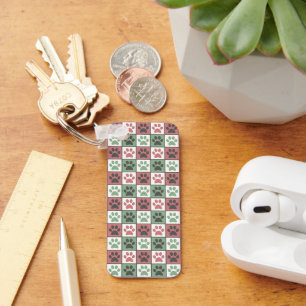 Red and Green Chequered Dog Paw Print Pattern Key Ring