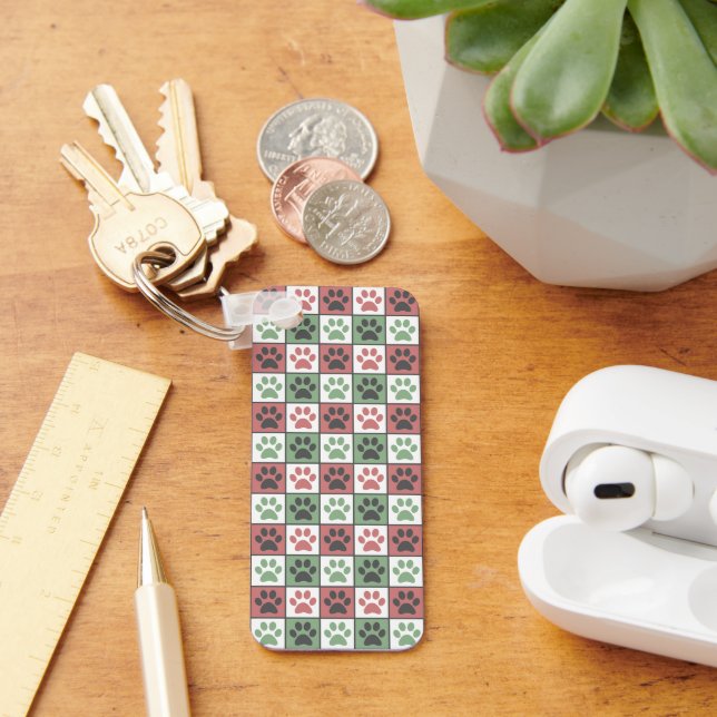 Red and Green Chequered Dog Paw Print Pattern Key Ring (Desk)