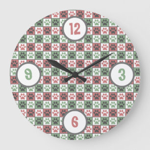 Red and Green Chequered Dog Paw Print Pattern Large Clock