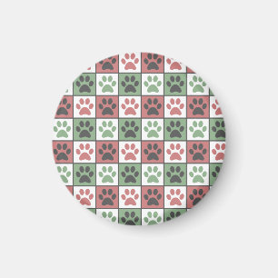 Red and Green Chequered Dog Paw Print Pattern Magnet