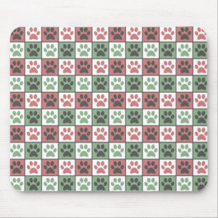 Red and Green Chequered Dog Paw Print Pattern Mouse Pad