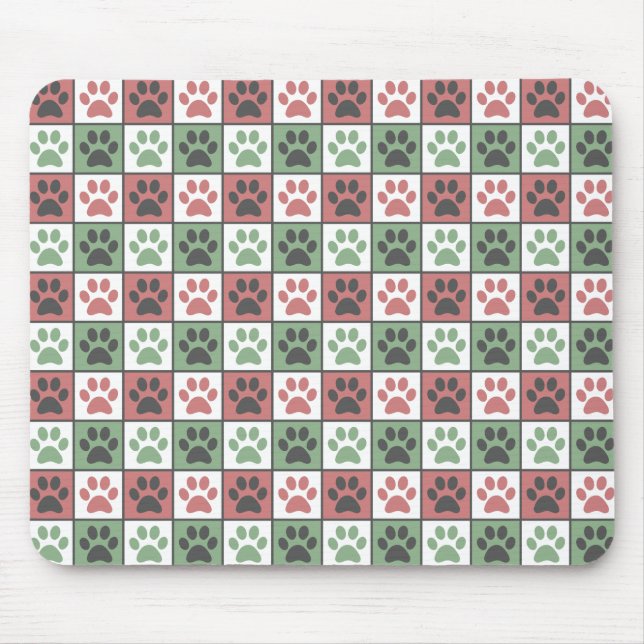 Red and Green Chequered Dog Paw Print Pattern Mouse Pad (Front)