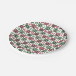 Red and Green Chequered Dog Paw Print Pattern Paper Plate