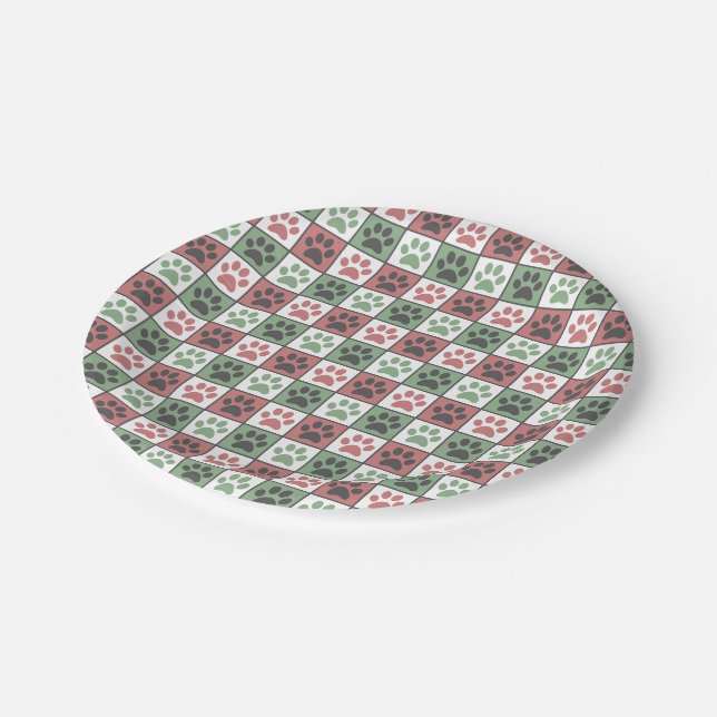 Red and Green Chequered Dog Paw Print Pattern  Paper Plate (Angled)
