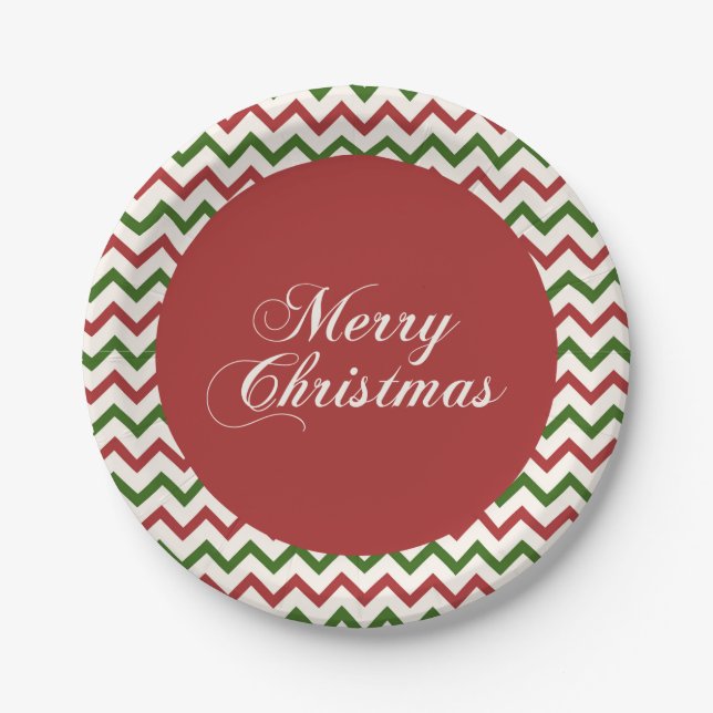 Red and Green Chevron Christmas Pattern Paper Plate (Front)