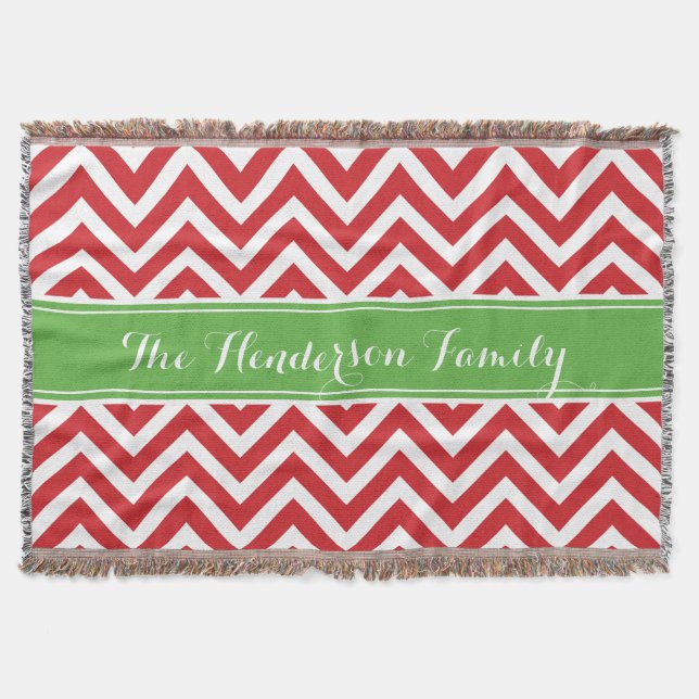Red and Green Chevron Family Monogram Throw Blanket (Front)