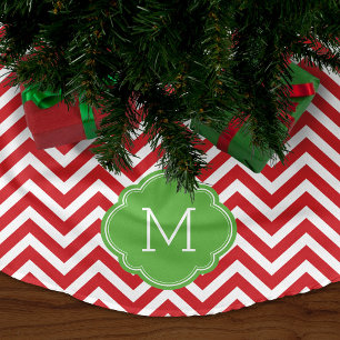 Red and Green Chevron Monogram Brushed Polyester Tree Skirt