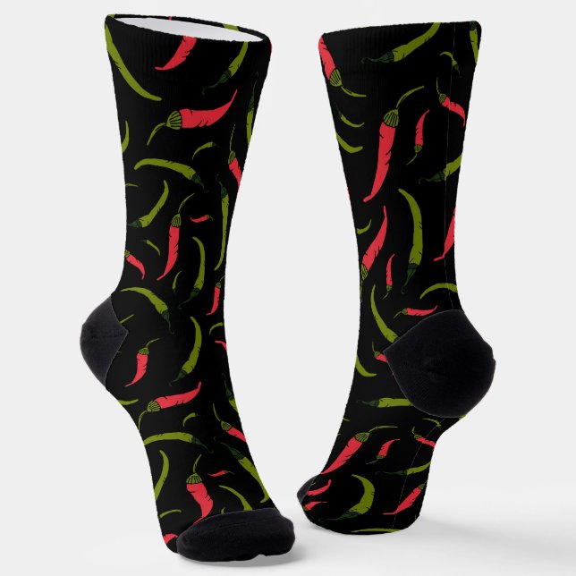 Red and Green Chilli Peppers Chillies Pattern Socks (Angled)