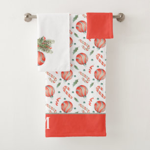 Red and Green Christmas Bulbs Candy Cane Monogram Bath Towel Set