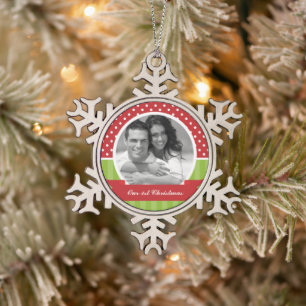 Red and Green Christmas Custom Photo Snowflake Pewter Christmas Ornament