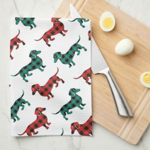 Red and Green Christmas Dachshunds Country Kitchen Tea Towel