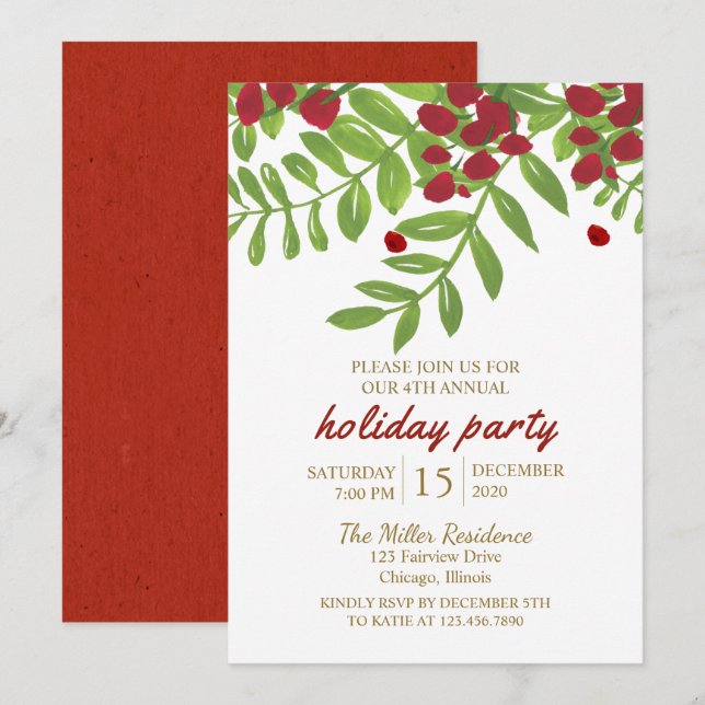 Red and Green Christmas Foliage Holiday Party Invitation (Front/Back)