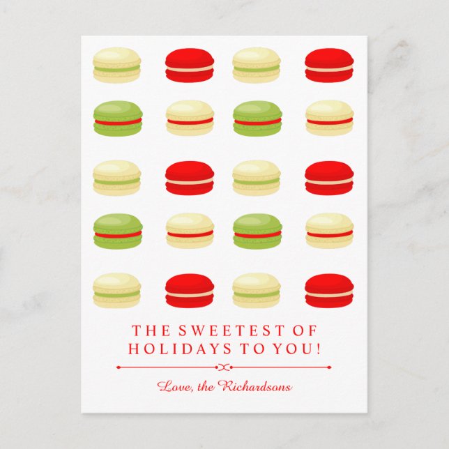 Red and Green Christmas French Macarons on White Holiday Postcard (Front)
