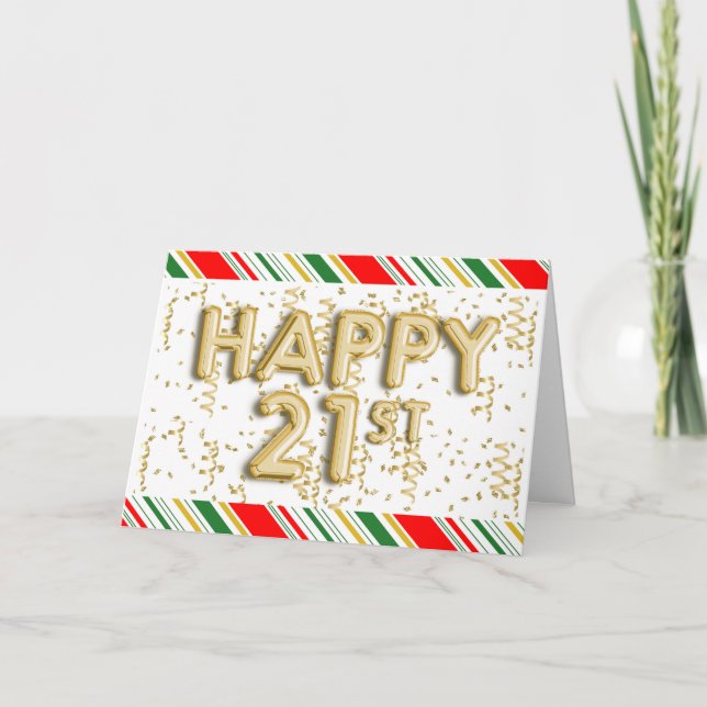 Red and Green Christmas Gold 21st Birthday Card (Front)