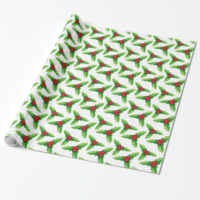 Red and Green Christmas Holly Berries and Leaves Wrapping Paper (Unrolled)