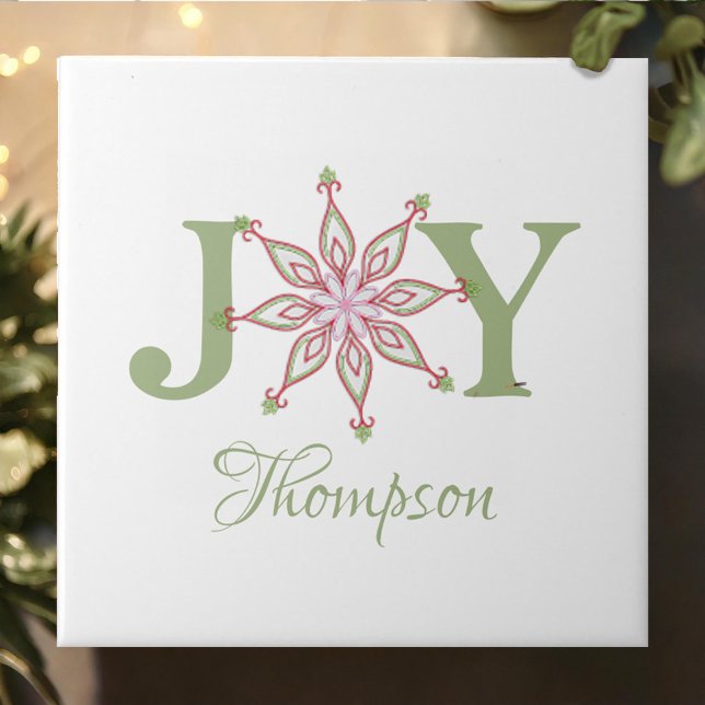 Red and Green Christmas Joy Personalised Ceramic Tile (Christmas Joy custom ceramic tile.)