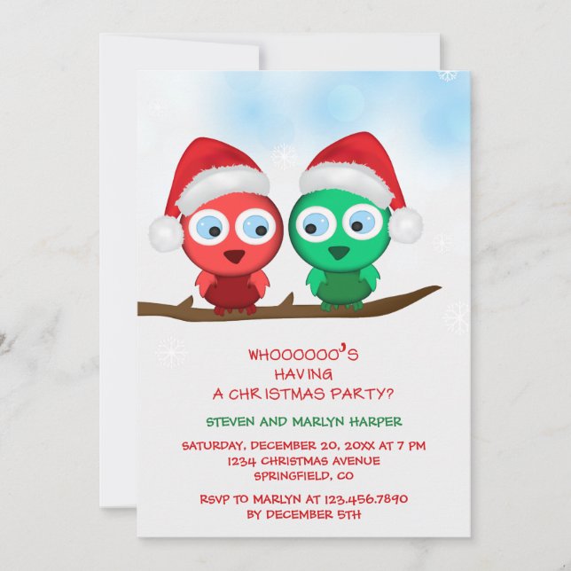 Red and Green Christmas Owls Holiday Party Invite (Front)