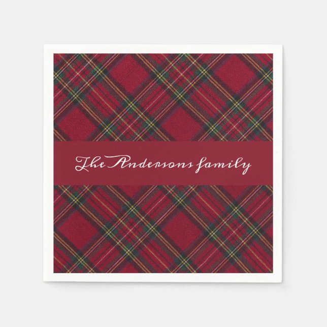  Red and green  Christmas plaid family name Napkin (Front)