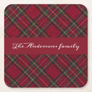  Red and green  Christmas plaid family name Square Paper Coaster