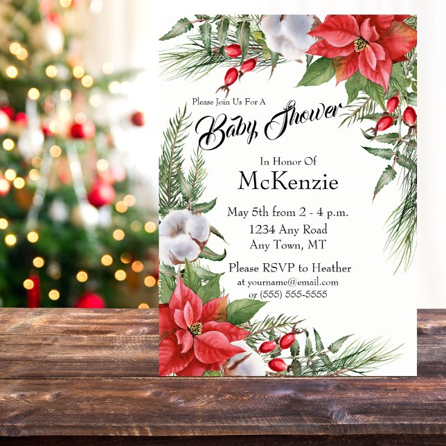Red and Green Christmas Poinsettia Baby Shower Invitation (Modern Poinsettia Baby Shower Invitation in Shades of Red, Green, and White)