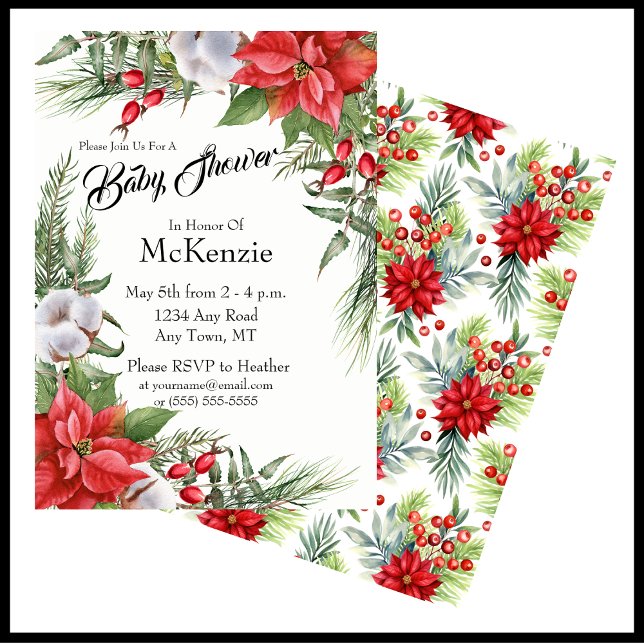 Red and Green Christmas Poinsettia Baby Shower Invitation (Elegant Christmas Baby Shower Invite Featuring Red Poinsettias, Cotton Blooms, and Greenery)