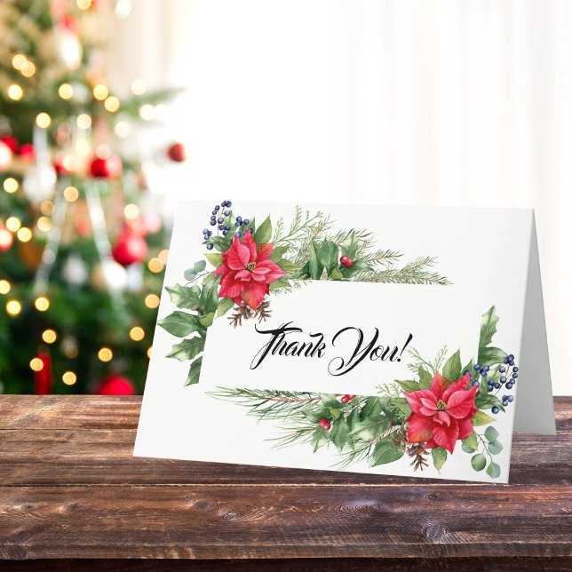 Red and Green Christmas Poinsettia  Thank You Card (Festive gratitude! Christmas Baby Shower Thank You Card with poinsettias and greenery.)