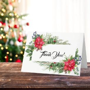 Red and Green Christmas Poinsettia Thank You Card