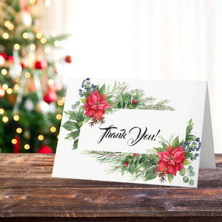 Red and Green Christmas Poinsettia Thank You Card
