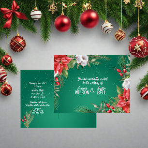Red and Green Christmas Poinsettia Wedding Invitation Postcard