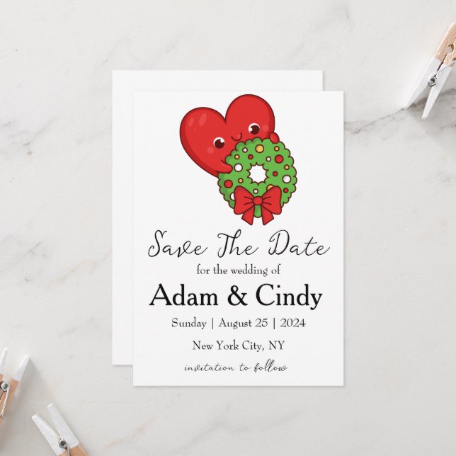 red and green christmas save the date cards (Front/Back In Situ)